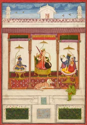 Devi mit Krishna und Vishnu in einem Palast, ca. 1645-1655