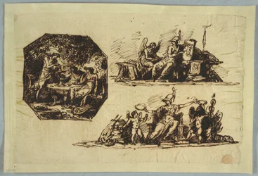Zeichnung, Bacchus, Apollo und Mnemosine; Minerva mit Trophäen