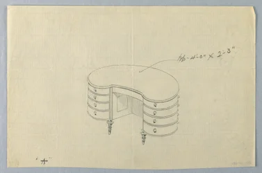 Zeichnung, Entwurf für einen nierenförmigen Schreibtisch A mit acht Schubladen