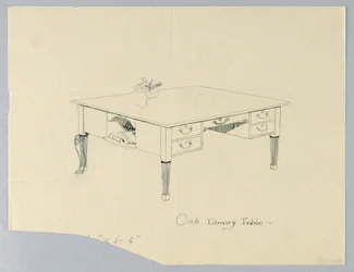 Zeichnung, Entwurf für einen Bibliothekstisch mit Seitennische und Beinvariation