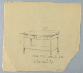 Zeichnung, Entwurf für einen Serviertisch mit zwei Schubladen und konvexer Front, 1900–05