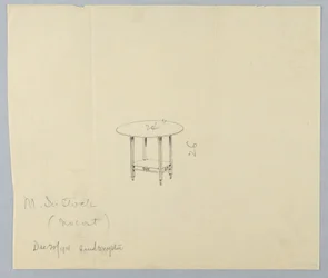 Zeichnung, Entwurf für einen kleinen runden Tisch mit geschnitztem Fries auf Regal