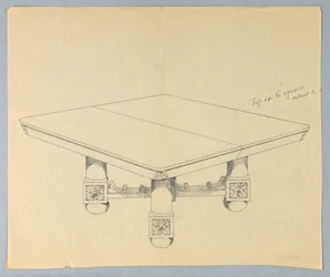 Zeichnung, Entwurf für einen rechteckigen Esstisch auf Kugelfüßen