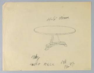 Zeichnung, Entwurf für einen runden Tisch auf dreieckiger Basis