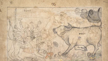 Durga konfrontiert den Büffeldämon Mahisha: Szene aus dem Devi Mahatmya, ca. 1780