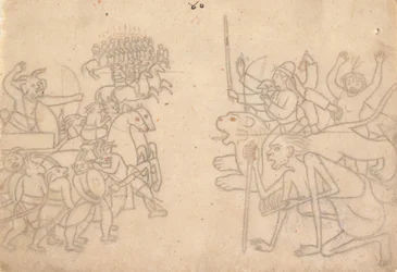 Durga und Kali nähern sich den versammelten Armeen von Chanda und Munda, aus dem Devi Mahatmya, ca. 1780