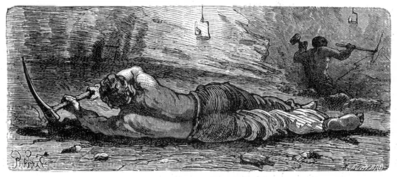 Früher 19. Jahrhundert Kohlenbergmann, der eine enge Naht bearbeitet, um 1868
