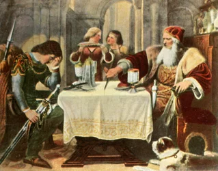Eberhard schneidet das Tischtuch zwischen sich und seinem Sohn Ulrich in zwei Hälften, 1377, 1936