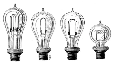 Edisons Glühlampen mit verschiedenen Formen von Kohlefäden, 1883
