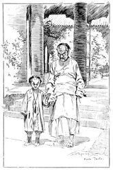 Eingang zur britischen Gesandtschaft, Peking. Der älteste Diener und sein Sohn, 1900