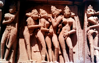 Erotische Skulptur, Hindu-Tempel, Khajuraho, Indien, 950 - 1050