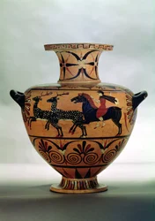 Etruskisch-ionische schwarzfigurige Hydria, die eine Jagdszene darstellt, aus Cerveteri, ca. 540-530 v. Chr.