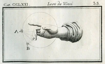 Studie zur Wahrnehmung der Finger einer sich bewegenden Hand. Stich aus „Traktat der Malerei“ von Leonardo da Vinci (Leonard de Vinci) (1452-1519). „Trattato della pittura di Lionardo da Vinci,“ Mailand, Societa tipografica