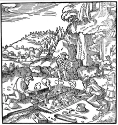 Verdampfungstöpfe mit Sole in einer natürlichen heißen Quelle zur Salzgewinnung, 1556