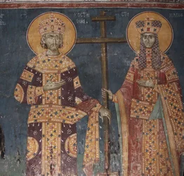 Erhöhung des Kreuzes. Heilige Konstantin der Große und Helena, 1321-1322