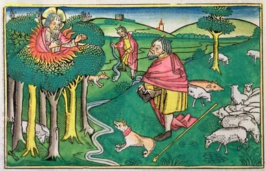 Exodus 3:1-22 und 4:1-4: der brennende Busch und Gott rüstet Moses mit dem Wunderstab aus