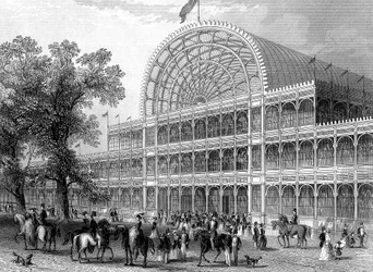 Außenansicht des Nordquerhauses des Kristallpalastes, London, erbaut für die Große Ausstellung, 1851