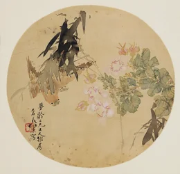 Fächer-Malerei - Blume und Vogel