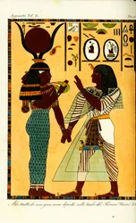 Figur der ägyptischen Göttin Hathor mit König Sethos I aus seinem Grab in Theben, entdeckt von Giovanni Battista Belzoni