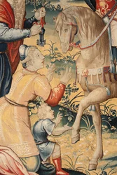 Flämischer Wandteppich. Serie Die Geschichte von Hannibal. Hannibal in Italien. Dritter Wandteppich der erhaltenen. Modelle anonymer Meister der Niederlande. Herstellung Brüsseler Werkstätten. Ca. 1570. Stoff Wolle und Seide