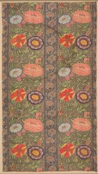 Geblümter gestreifter Seidenstoff auf goldenem Grund, 1600-1650