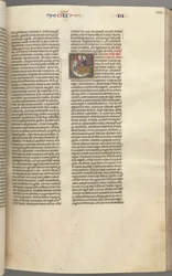 Fol. 123r, Könige III, historisierte Initiale E, ein Diener bringt Abischag zu David..., um 1275-1300