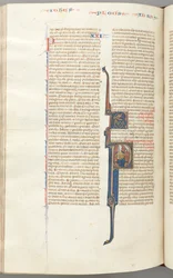 Fol. 435v, Römer, historisierte Initiale P, Paulus sitzt mit einem Schwert und spricht mit der Büste Gottes, ca.