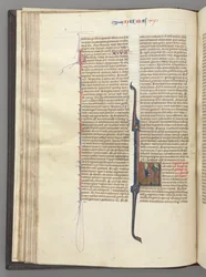 Fol. 46v, Numeri, historisierte Initiale L, Moses mit Hörnern, kniend vor Gott, um 1275-1300