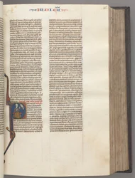 Fol. 86r, Richter, historisierte Initiale R, Juda sitzt mit einem Buch und spricht mit Gott, um 1275-1300