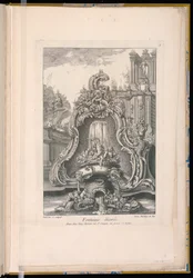 Brunnen mit Kartusche und Gebäuden