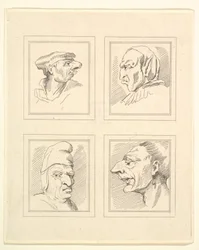 Vier Köpfe aus Karikaturen von Leonardo da Vinci, nach Zeichnungen von Wenzel Hollar, 1786