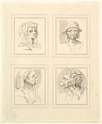 Vier Köpfe aus Karikaturen von Leonardo da Vinci, nach Zeichnungen von Wincelslaus Hollar