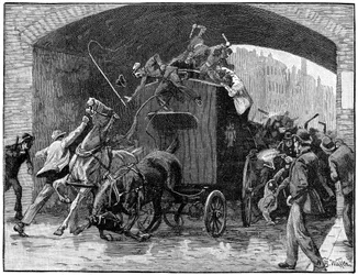 Befreiung der Anführer der Fenier-Verschwörung aus einem Polizeiwagen, Hyde Street, Manchester, 1867