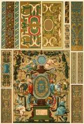 Französische Renaissance-Wandmalerei, polychrom bemalte Skulptur, Weberei und Bucheinbände, 1898