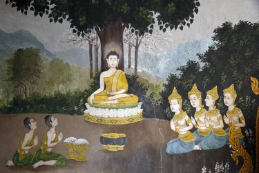 Fresko, das eine Szene aus dem Leben Buddhas darstellt, Wat Phra Doi Suthep, Chiang Mai, Thailand