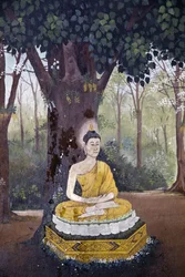 Fresko, das eine Szene aus dem Leben des Buddha im Wat Phra Doi Suthep zeigt: Buddha meditiert unter einem Baum, Chiang Mai, Thailand