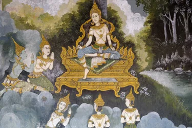 Fresko, das eine Szene aus dem Leben des Buddha darstellt, Wat Phra Doi Suthep, Chiang Mai, Thailand