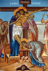 Fresko in der Heilig-Kreuz-Kirche, Pedoulas. Klage um Jesus Christus am Kreuz, 20150510, Pedoulas, Zypern