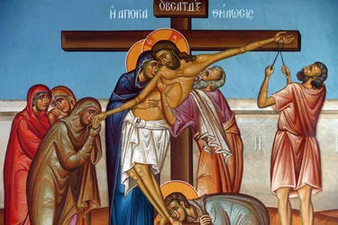 Fresko in der Heilig-Kreuz-Kirche, Pedoulas. Klage um Jesus Christus am Kreuz, 20150510, Pedoulas, Zypern