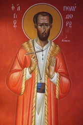 Fresko in der Heilig-Kreuz-Kirche, Pedoulas. Heiliger Polydor aus Zypern, 20150510, Pedoulas, Zypern