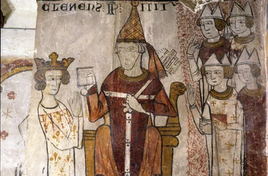 Fresko des Ferrande-Turms in Pernes-les-Fontaines (Pernes les Fontaines, Vaucluse (84)) aus dem 13. Jahrhundert: Karl I. von Anjou (1226-1285) wurde am 28.06.1265 von Papst Clemens IV. (ca. 1195-1268) im Königreich Sizilien investiert.