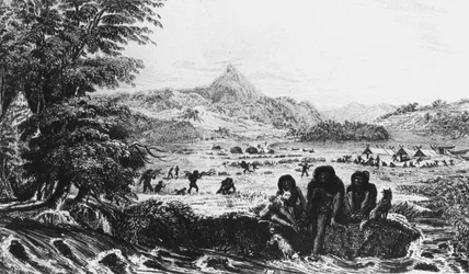 Feuerländer in Woollya, mit dem Lager der Fitzroy-Expedition im Hintergrund, 1831-1839