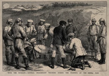General Mikhail Dragomirov verwundet während der Schlacht am Shipka-Pass, ca. 1878