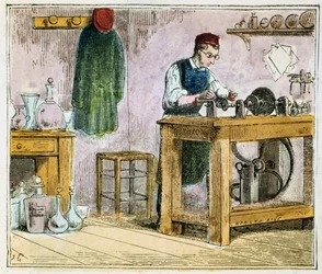 Glasschneider dekoriert Tischgeschirr auf einem Karborundumrad, 1867