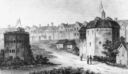 Globe Theatre, Bankside, Southwark rechts und der Bear Garden, ca. 1597 1825