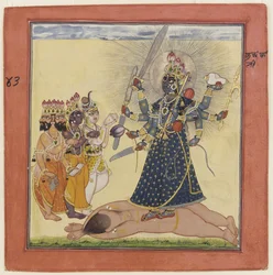 Göttin Bhadrakali, verehrt von den Göttern aus einer tantrischen Devi-Serie, ca. 1660