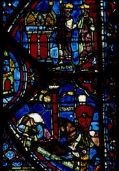 Gotische Architektur. Histoire de Charlemagne (Detail): Karl der Große empfängt 3 Jagden (oben) und Vision von Konstantin (I., Kaiser von Byzanz). Glasmalerei des nördlichen Chorumgangs, Apsis. Kathedrale von Chartres.