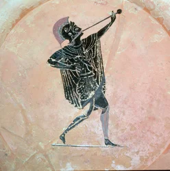 Griechische Vasenmalerei eines griechischen Soldaten mit einer Trompete