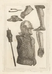 Helm und Brigantine, eiserner Beinschutz, Handschuh von John of Gaunt, eiserner Handschuh, Kragen, eiserne Keule, antiker eiserner Sporn