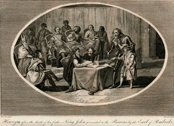 Heinrich III. wird den Baronen vom Earl of Pembroke vorgestellt, 1216